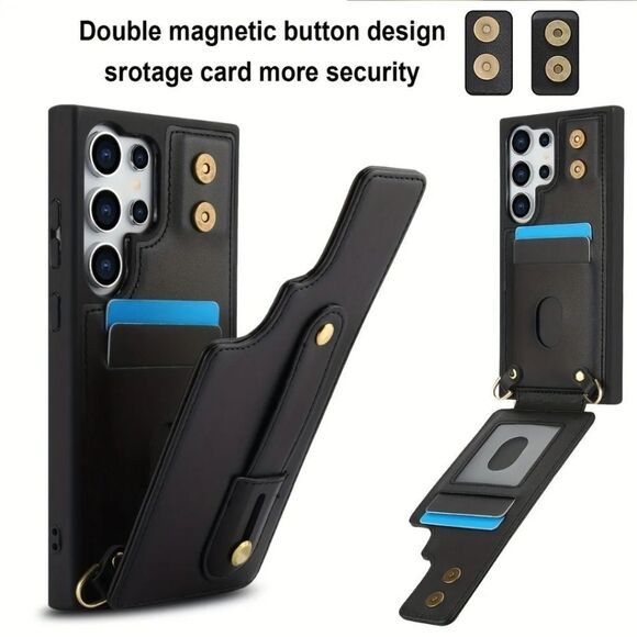 SAMSUNG GALAXY Black Phone Case Wallet Credit Card, Holder Wrist & Lanyard - Picture 2 of 9